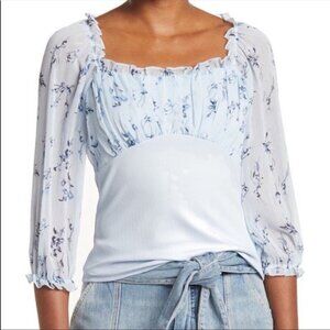 Status by Chenault Floral Chiffon Ruffle Blouse 3/4 Sleeve Top Light Blue NEW